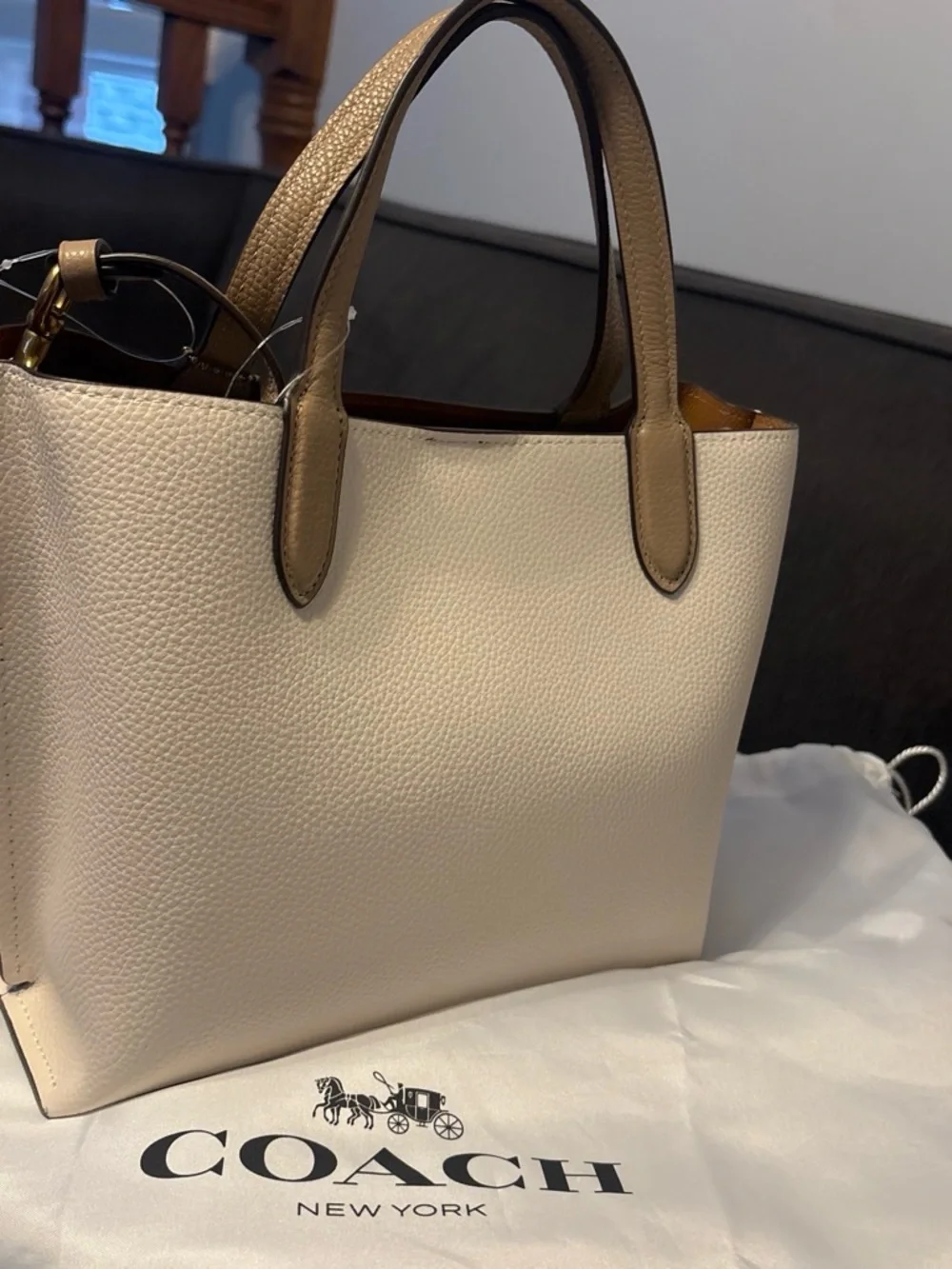 Coach Pebbled Leather Satchel in Chalk and Tan Trim